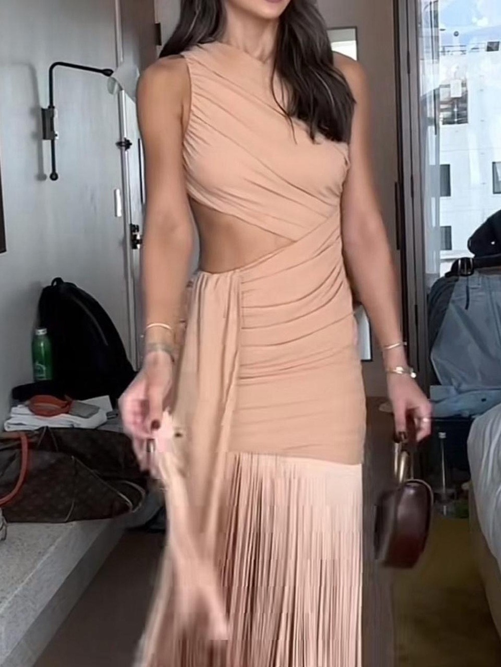 Michael Costello Blush Nude Asymmetrical Fringe Cutout Gown